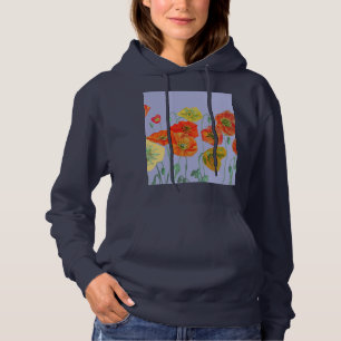 Rode papaverbloem Waterverf Paarse Bloem Patroon Hoodie
