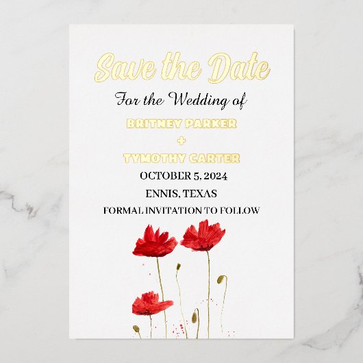 Rode papavers bloemenfoto QR code bruiloft Folie Uitnodiging (Voorkant)