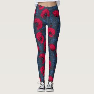Rode papavers en ladybugs op donkerblauw leggings
