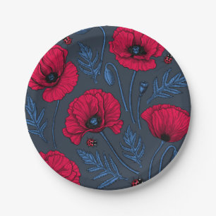 Rode papavers en ladybugs op donkerblauw papieren bordje