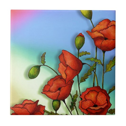 Rode papavers op de achtergrond met meerdere kleur tegeltje (Voorkant)