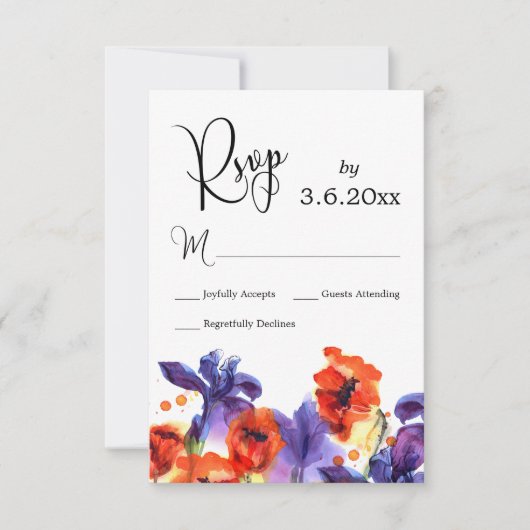Rode papavers, Paarse Iris Waterverf Wedding RSVP (Voorkant)