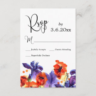 Rode papavers, Paarse Iris Waterverf Wedding RSVP Kaartje