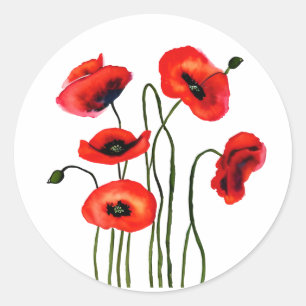 Rode papavers Waterverf bloemen Ronde Sticker