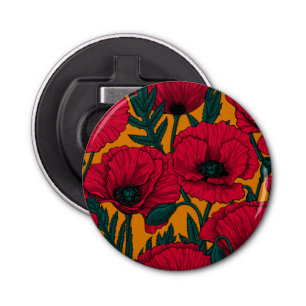 Rode papavertuin button flesopener