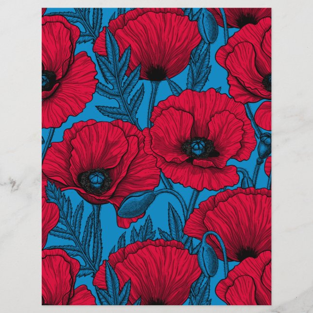Rode papavertuin op blauw (Voorkant)