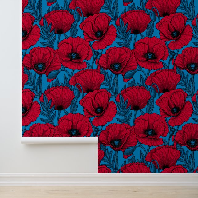 Rode papavertuin op blauw behang (Applicatie)