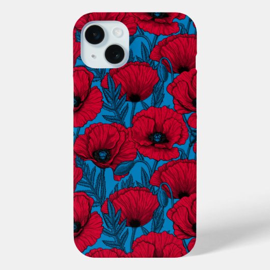 Rode papavertuin op blauw Case-Mate iPhone case (Achterkant)