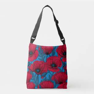 Rode papavertuin op blauw crossbody tas