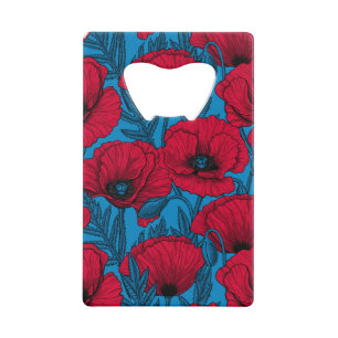 Rode papavertuin op blauw kredietkaart flessenopener