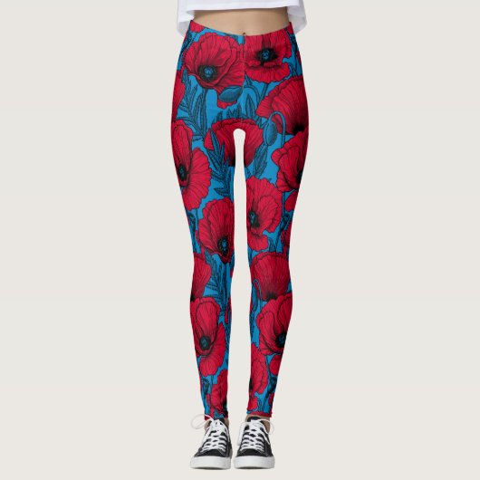 Rode papavertuin op blauw leggings (Voorkant)