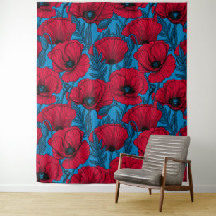 Rode papavertuin op blauw wandkleed