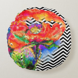 Rode papegaaien, zwart en witte chevron rond kussen