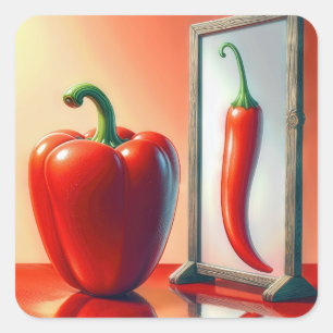 Rode paprika kijkt in een spiegel vierkante sticker
