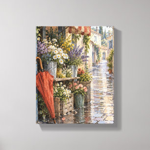 Rode paraplu bij de bloemenstal op de hoek - Regen Canvas Afdruk
