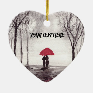 Rode paraplu-liefdeskoppel keramisch ornament