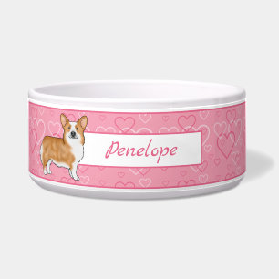 Rode Pembroke Welsh Corgi Op Roze Harten Met Naam Voerbakje