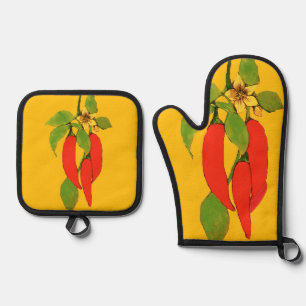 Rode pepers aan de wijnstok ovenwant & pannenlap set
