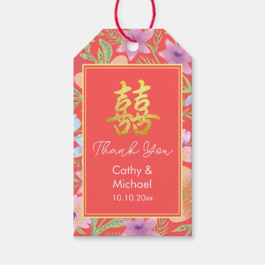 Rode Peranakan bloemen dubbel xi Chinese bruiloft Cadeaulabel (Voorkant)