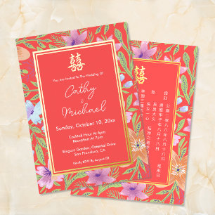 Rode Peranakan bloemen dubbel xi Chinese bruiloft Folie Uitnodiging
