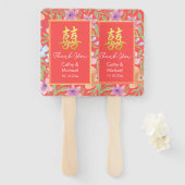 Rode Peranakan bloemen dubbel xi Chinese bruiloft Handwaaier (Voorkant en achterkant)