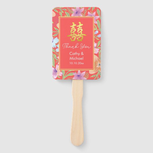 Rode Peranakan bloemen dubbel xi Chinese bruiloft Handwaaier (Voorkant)