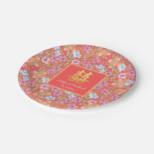 Rode Peranakan bloemen dubbel xi Chinese bruiloft Papieren Bordje (Gekanteld)