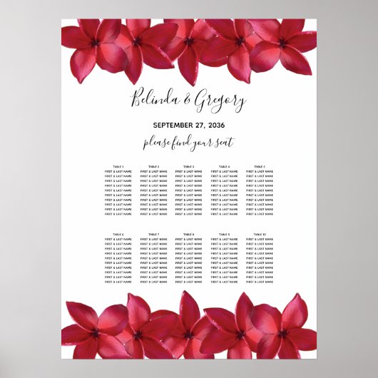 Rode peria Frangipani Wedding Seating Chart Poster (Voorkant)