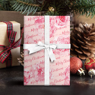 Rode Persoonlijke Prettig Kerstmis Script Bloemige Cadeaupapier