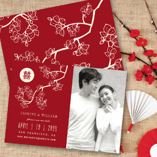 Rode Perzikbloesem Chinese Dubbel Geluk Foto Save The Date
