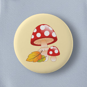 Rode Pet paddestoelen en bladeren op geel Ronde Button 5,7 Cm
