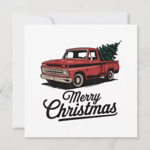 Rode pick-up truck kerstboom vintage kerst kaart