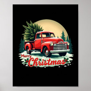Rode pick-up truck vrolijke kerstboom wintervakant poster