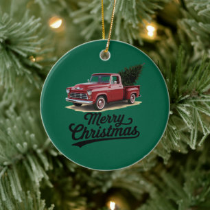 Rode pick-uptruck kerstboom vintage Kerstmis Keramisch Ornament