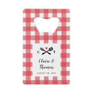 Rode picknick pllaid doek Ik doe BBQ Uitnodiging Kredietkaart Flessenopener