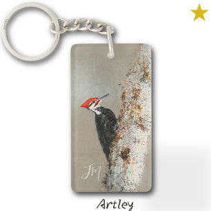Rode Pileated specht vogel schilderen Initialen Sleutelhanger