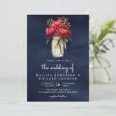 Rode Pioen Bloemen Mason Jar QR Code Blauwe Bruilo Kaart (Staand voorkant)