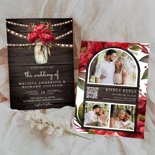 Rode Pioen Bloemen Mason Jar QR Code Hout Bruiloft Kaart