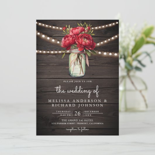 Rode Pioen Bloemige Metselwerkpot QR Code Houten B Kaart (Staand voorkant)