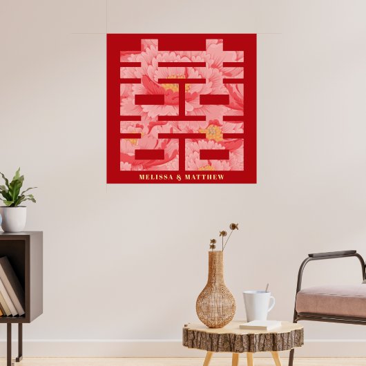 Rode Pioen Dubbel Geluk Chinese Bruiloft Poster (Woonkamer 3)