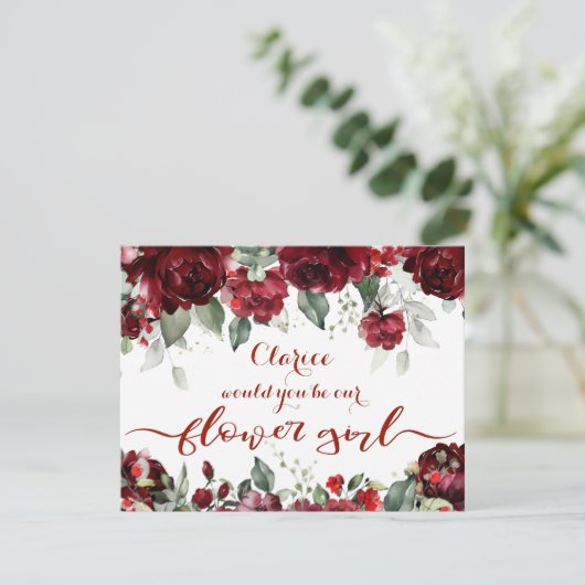 Rode Pioen Epifanie Bruiloft Bloemenmeisje Vraag Kaart (Staand voorkant)