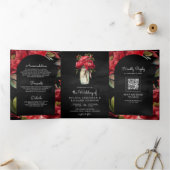 Rode Pioen Mason Jar QR Code Houtskool Bruiloft Drieluik Uitnodiging (Binnen)