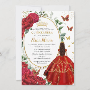 Rode Pioenen Bloemen Prinses Jurk Quinceañera Kaart