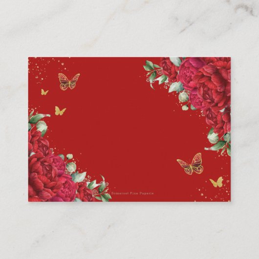 Rode Pioenen Bloemen Vlinders Quinceañera Informatiekaartje (Achterkant)