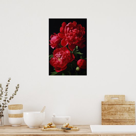 Rode Pioenrozen Bloemen Art Print Poster (Keuken)