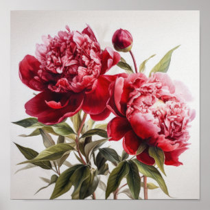 Rode Pioenrozen Bloemen Art Print Poster