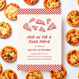 Rode Pizza Party Kids Verjaardag Eigenzinnige Hand Kaart