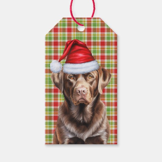 Rode Plaid Chocolade Labrador Hond Kerstmis Cadeaulabel (Voorkant)