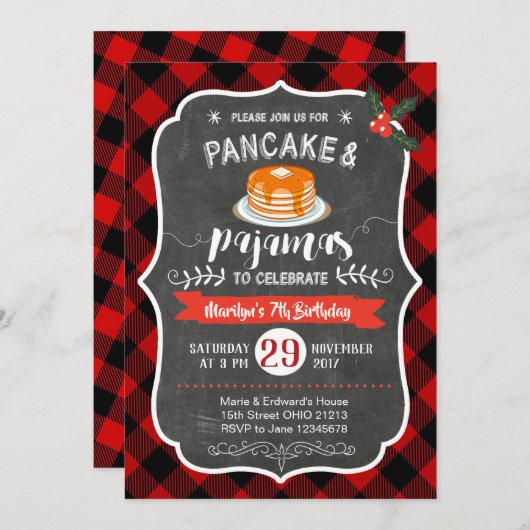 Rode Plaid Pannenkoek en Pyjama Verjaardag Uitnodi Kaart (Voorkant / Achterkant)