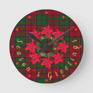 Rode Plaid Tartan Poinsettia Kerstmis Ronde Klok